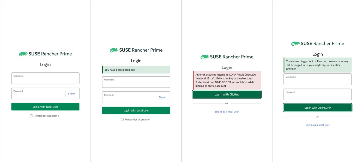 Local login without message, with logged out banner, GitHub with long error, OpenLDAP with SSO logout message