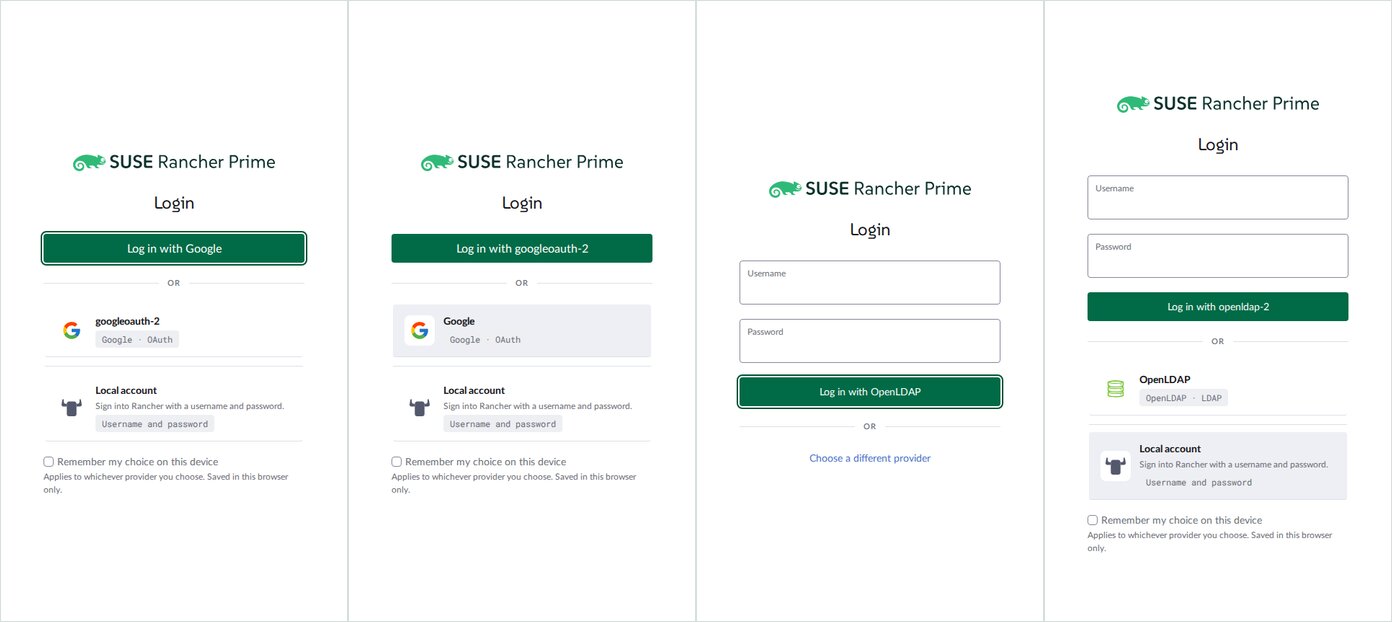 Google with list visible before and after choosing googleoauth-2, beside OpenLDAP with a link and then an expanded list