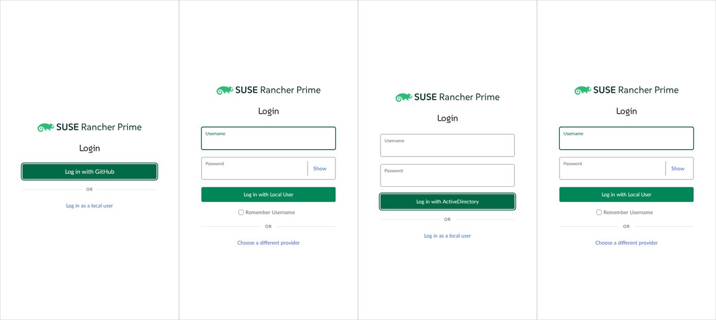 GitHub button and local form, then ActiveDirectory form and local form